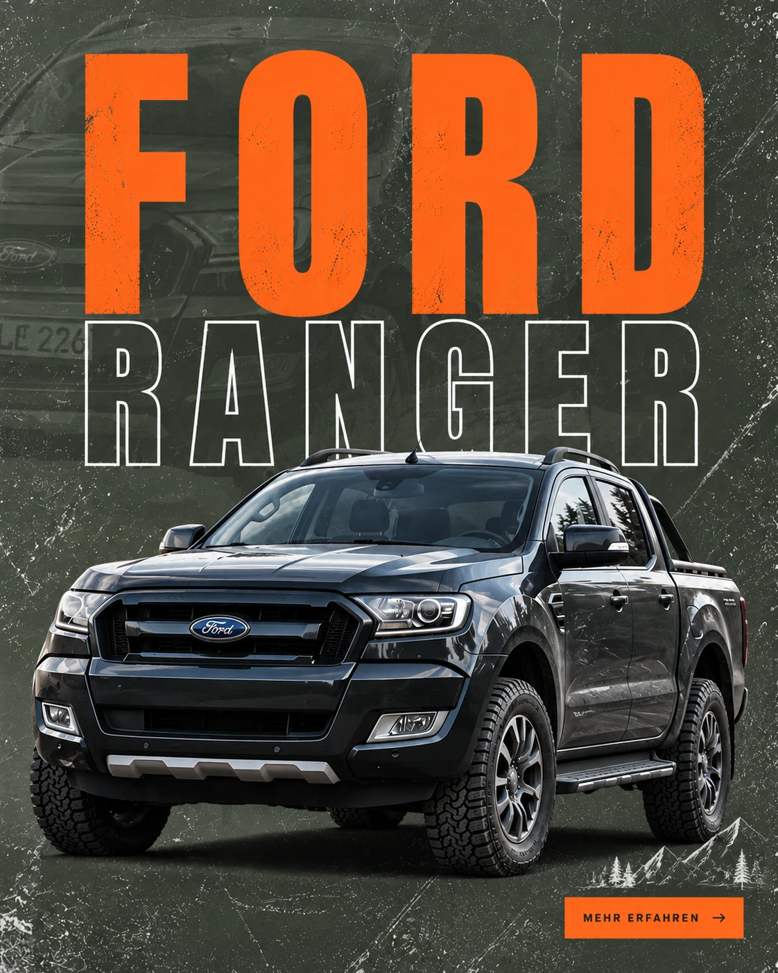 Anzeige mit großem orangefarbenem FORD-Schriftzug, weißem RANGER-Outline-Schriftzug, dunklem Ford Ranger Pick-up und dem Button „Mehr erfahren“